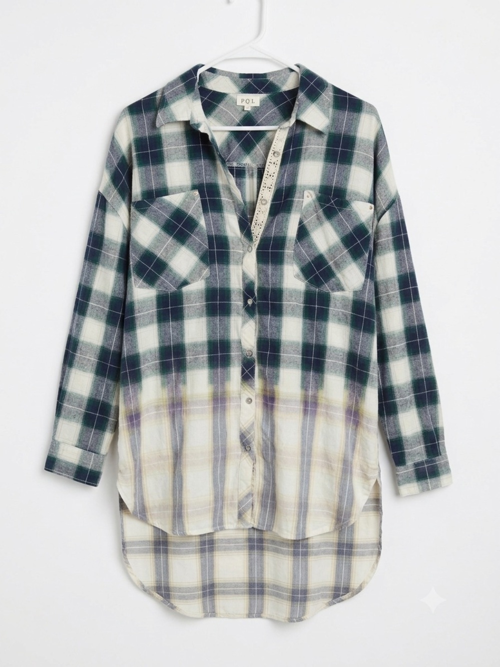 POL Boho Grunge Dip Dyed Plaid Button Down Shacket Crochet Lace High-Low